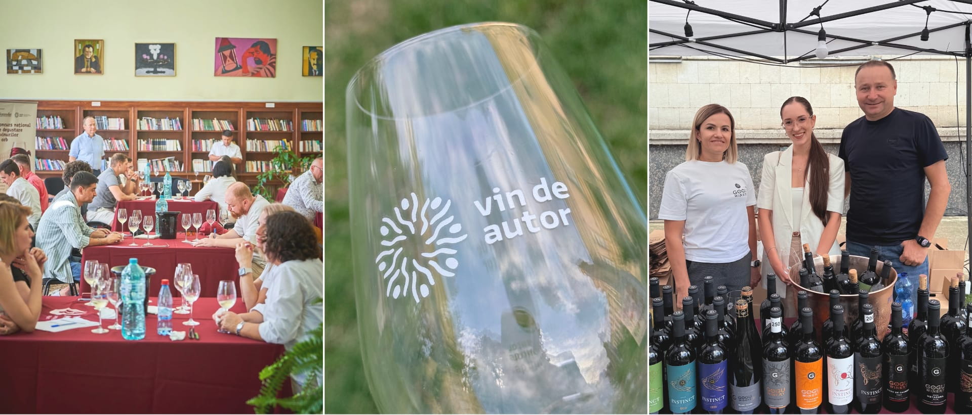 Sala concursului de degustare în orb, paharul Vin de Autor și un stand de producător